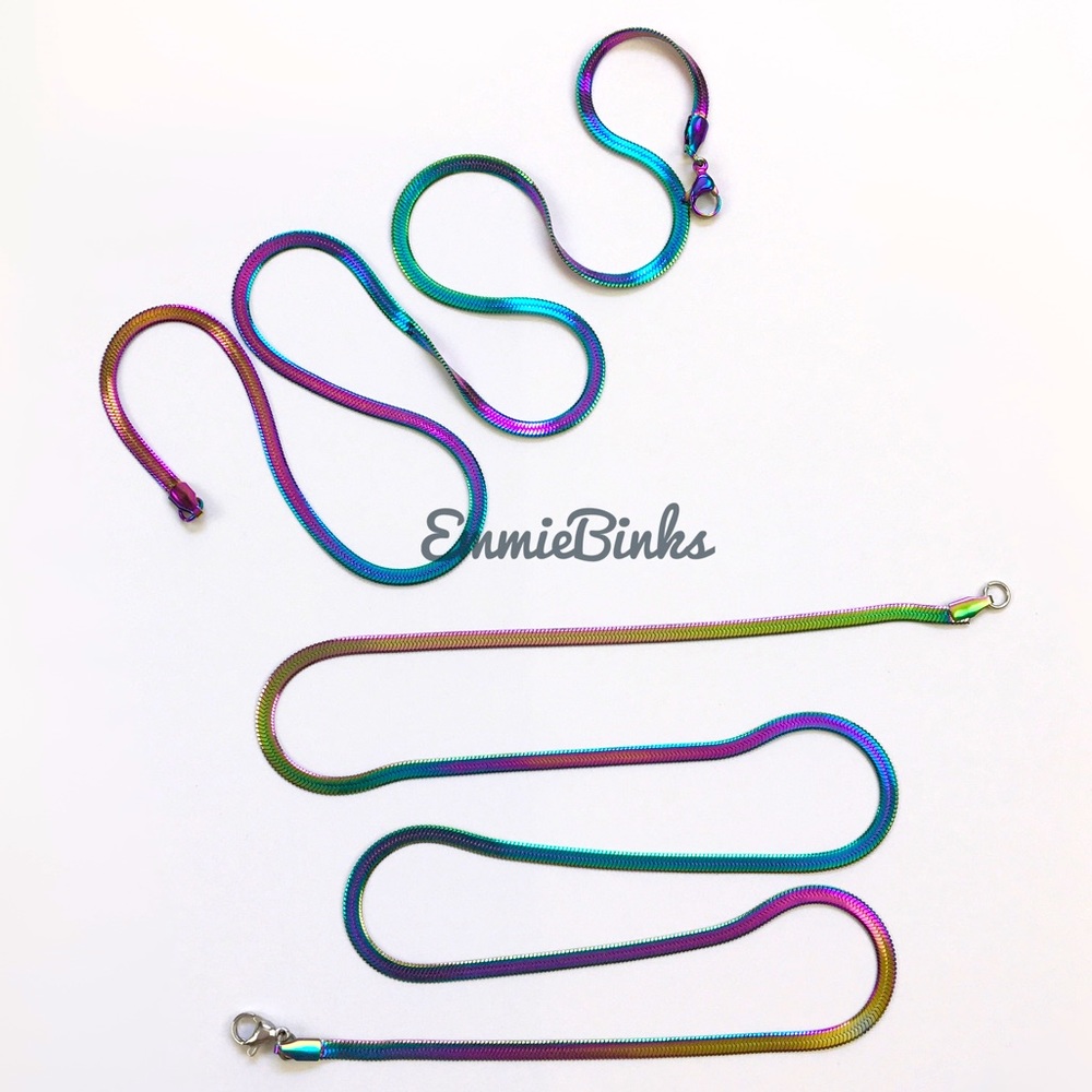 New 3.4mm Rainbow Oil Slick Ombre Herringbone Chain Necklace / Many Lengths